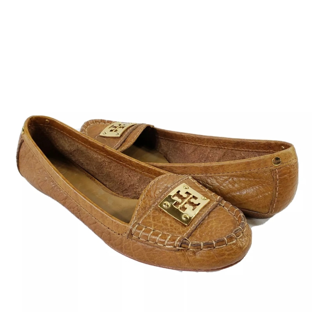 Tory Burch Textured Leather Driver Mocs Sz 7.5 Tan Gold